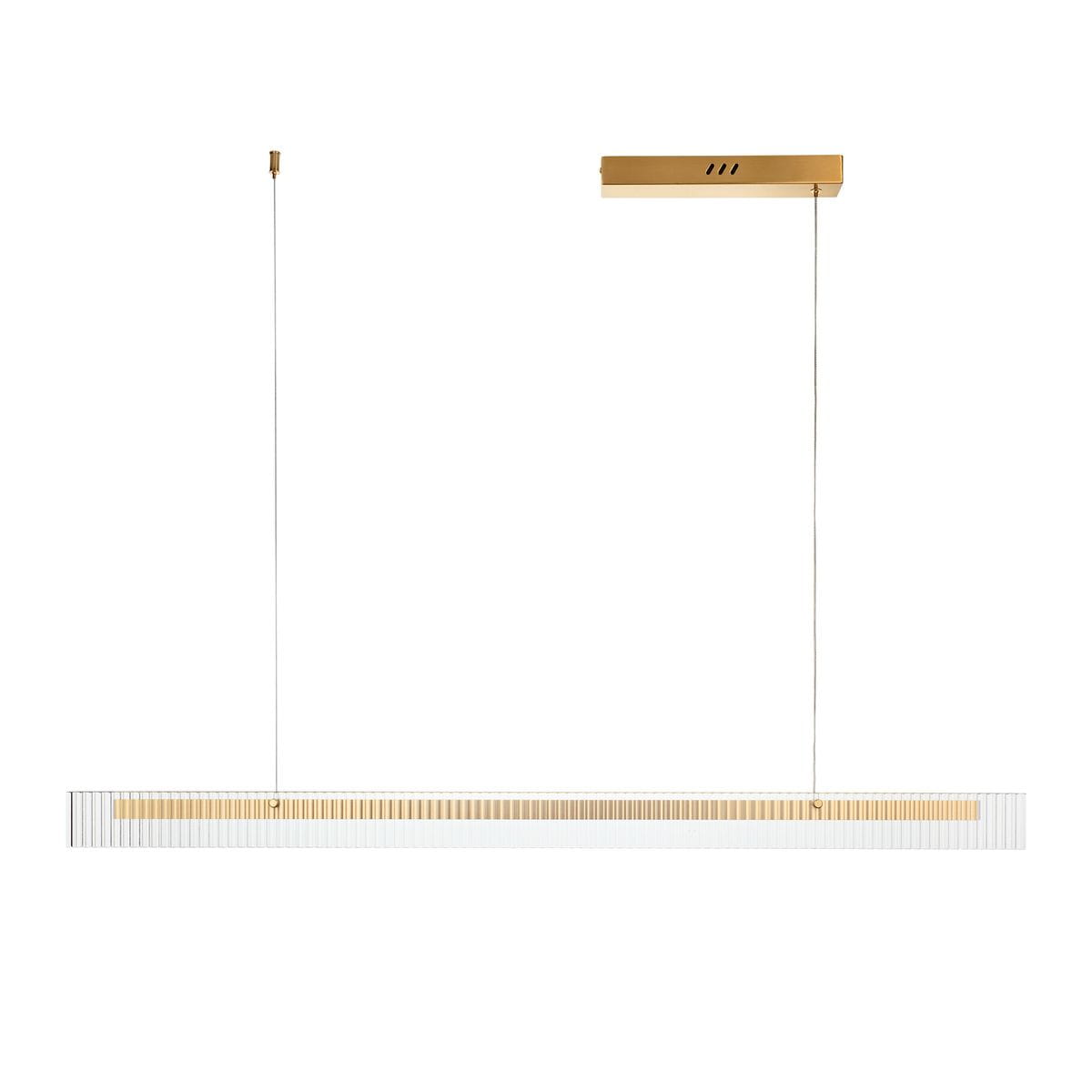 Lampa wisząca LED Longin o mocy 15W i barwie światła 3000K w złotej obudowie. Prosta, prostokątna forma z przezroczystymi elementami, zawieszona na cienkich linkach, idealna do nowoczesnych wnętrz.
