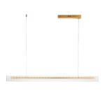 Lampa wisząca LED Longin o mocy 15W i barwie światła 3000K w złotej obudowie. Prosta, prostokątna forma z przezroczystymi elementami, zawieszona na cienkich linkach, idealna do nowoczesnych wnętrz.