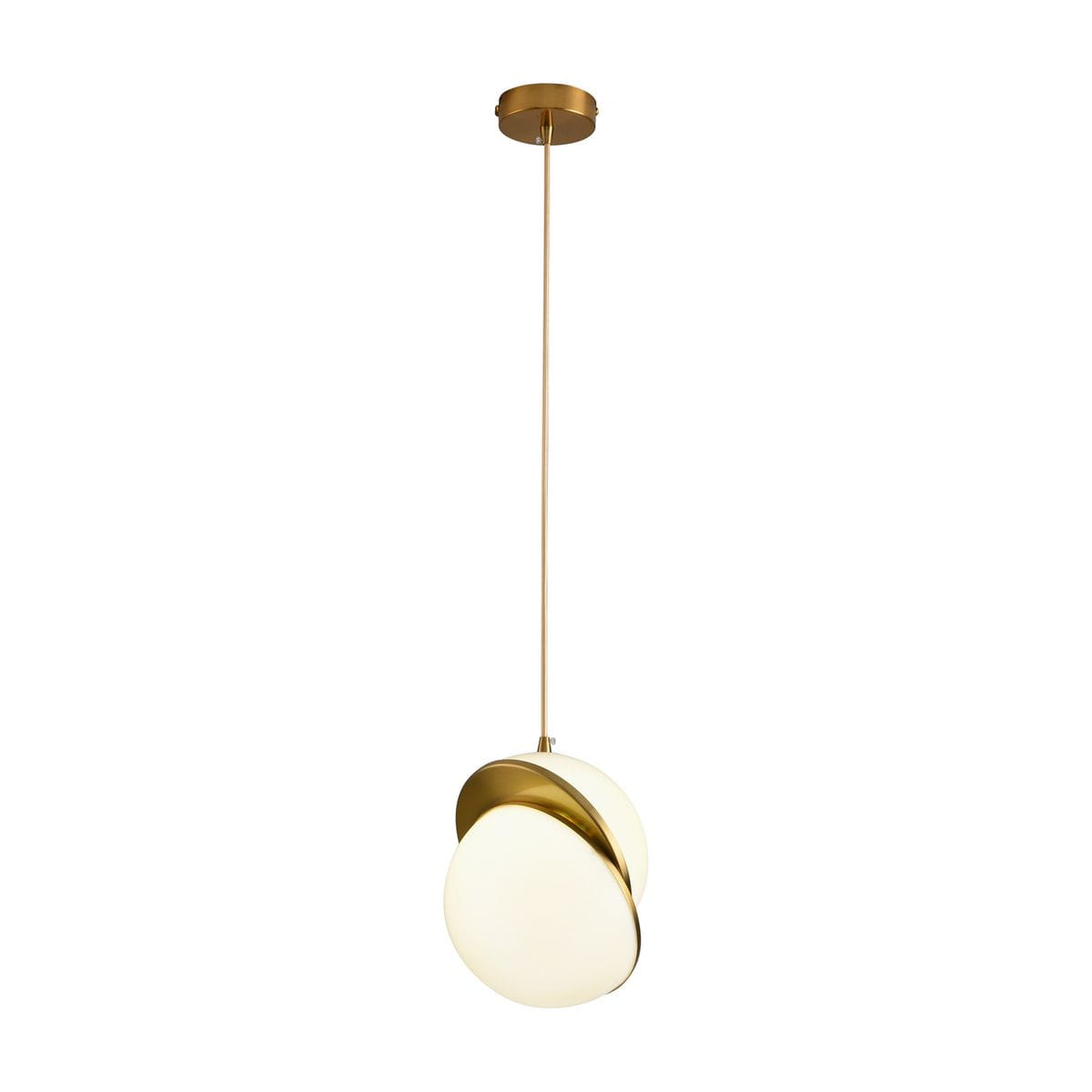 Lampa wisząca Orbita D20 w kolorze mosiądzu z jednym źródłem światła E27. Posiada okrągłą, białą oprawę z metalowym, błyszczącym wykończeniem. Zawieszona na cienkim, złotym przewodzie. Kąt ujęcia frontalny, na jednolitym tle.
