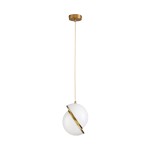 Lampa wisząca Orbita D20 z jednym gniazdem E27. Konstrukcja mosiężna z białym kloszem w kształcie kuli, z metalowym wykończeniem w złotym kolorze. Ujęcie frontalne, zawieszona na cienkim przewodzie, na jasnym tle.