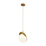 Lampa wisząca Orbita D25 w kolorze mosiądzu, z okrągłym kloszem w białym kolorze, zawieszona na cienkim przewodzie. Klosz ma nowoczesny, symetryczny kształt, z połyskującą powierzchnią. Ujęcie z przodu, na jednolitym tle.