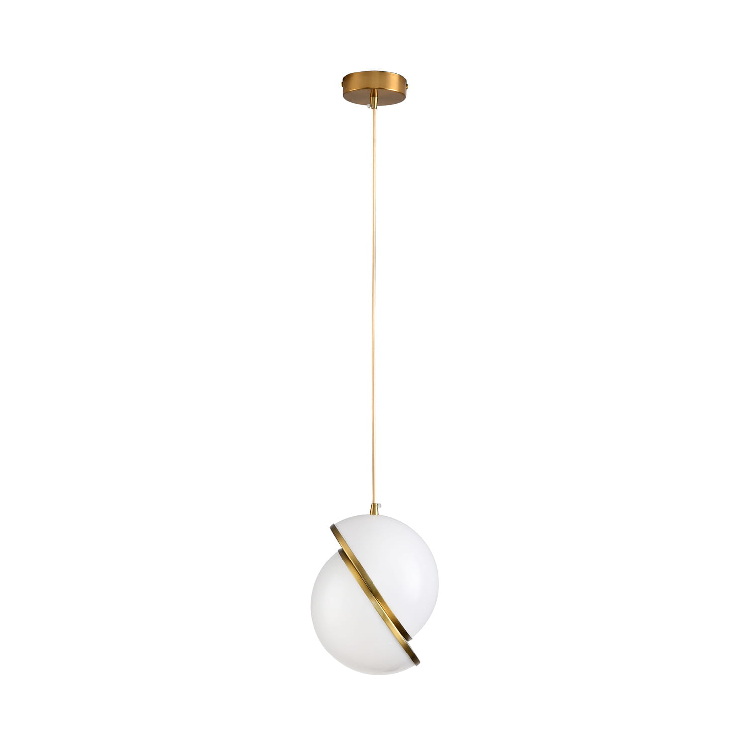 Lampa wisząca Orbita D25 z mosiężnym wykończeniem, z pojedynczym kloszem z białego szkła w kształcie kuli, zawieszona na cienkim przewodzie. Klosz z dekoracyjnym złotym elementem wzdłuż krawędzi. Minimalistyczny design, idealna do nowoczesnych wnętrz.