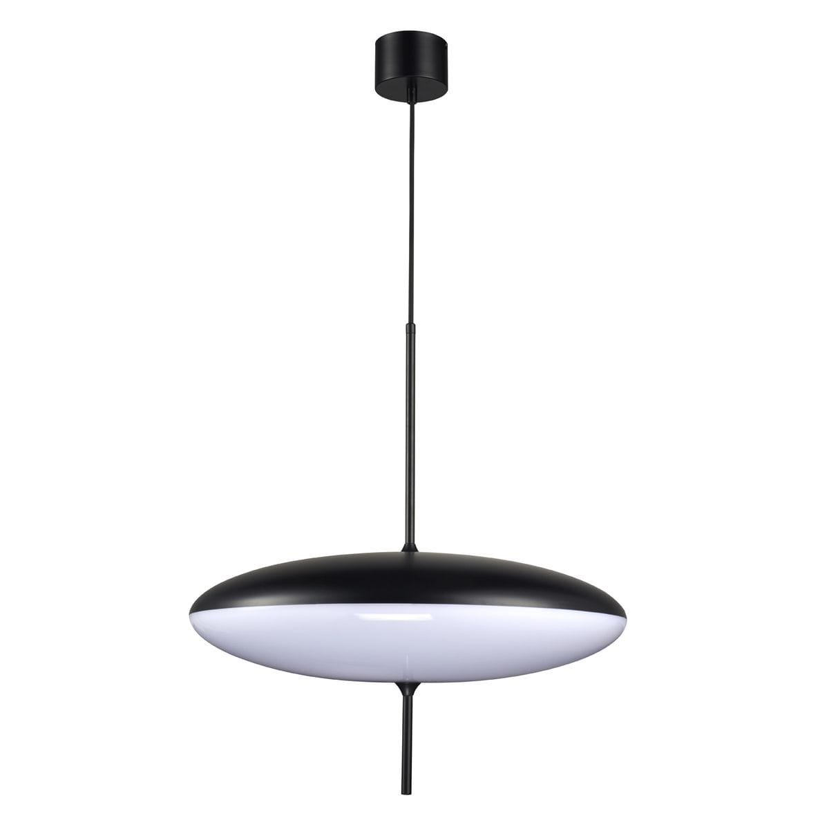 Lampa wisząca Piatto w kolorze czarnym i białym, z okrągłym kloszem w kształcie owalnym. Wisi na cienkim przewodzie, z metalowym mocowaniem sufitowym. Przeznaczona na trzy żarówki E27. Tło zdjęcia jest jednolite, co podkreśla design lampy.