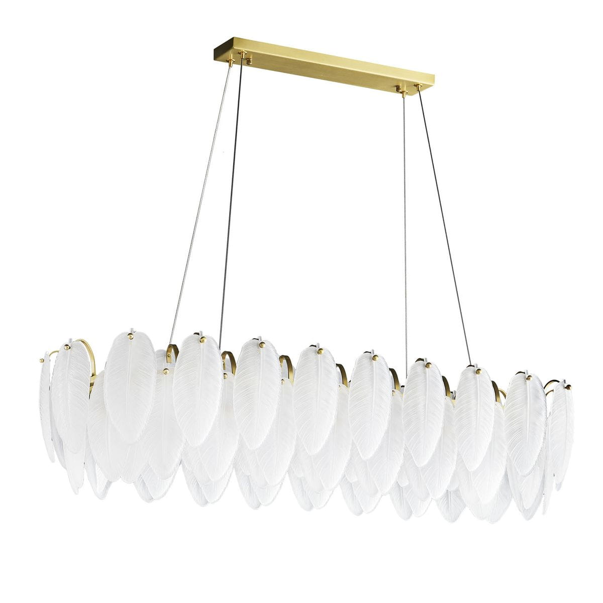 Lampa wisząca Piuma z mosiężnym stelażem, zawieszona na cienkich linkach. Posiada dekoracyjne elementy w kształcie białych liści, ułożone w szeregu, zapewniające elegancki wygląd. Przeznaczona na 10 żarówek E14.