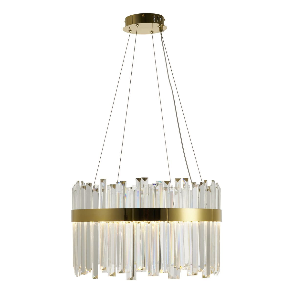 Lampa wisząca LED Royal o mocy 52W i temperaturze barwowej 3000K w kolorze złotym. Posiada przezroczyste, kryształowe elementy w formie prostokątnych prętów, zawieszona na cienkich linkach. Średnica klosza jest widoczna z boku.