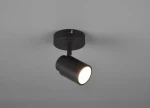 Czarna lampa sufitowa Angelo IP44 z jednym punktem świetlnym GU10, zamontowana na okrągłej podstawie. Kąt ujęcia z boku, ukazujący cylindryczny kształt klosza oraz źródło światła, skierowane w dół. Prosta, nowoczesna forma.