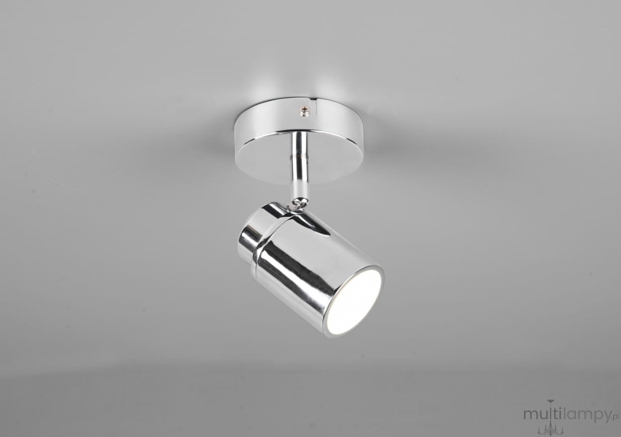 Kinkiet Angelo IP44 w kolorze chromu, z pojedynczym reflektorem GU10, zamontowany na okrągłej podstawie. Lampa sufitowa w układzie z góry, z gładką, błyszczącą powierzchnią, idealna do nowoczesnych wnętrz.