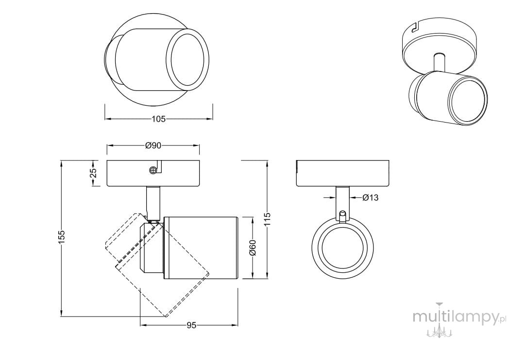 Kinkiet Angelo IP44 w kolorze chromowanym, z jedną oprawą GU10. Produkt w pozycji stojącej, z możliwością regulacji kąta. Wymiary: średnica 90 mm, wysokość 155 mm. Prosty design, idealny do oświetlenia wnętrz i na zewnątrz.