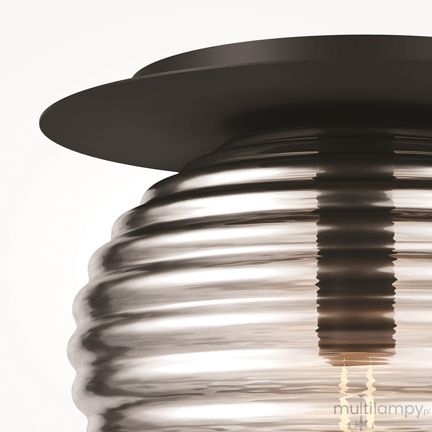 Lampa sufitowa Reels 1xE27 w kolorze czarnym, z okrągłą, falistą kloszem w przezroczystym szkle. Ujęcie z góry, pokazujące detale mocowania i źródło światła. Prosty, nowoczesny design, idealna do wnętrz.