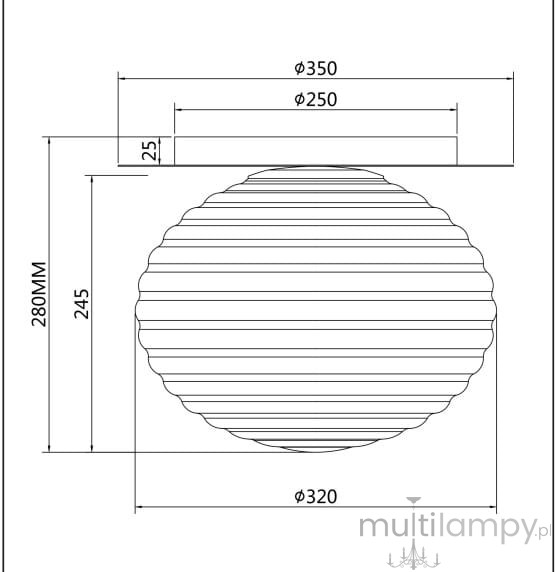 Lampa sufitowa Reels 1xE27 w kolorze czarnym, o okrągłym, teksturowanym kształcie. Wymiary: średnica 320 mm, wysokość 280 mm. Widok frontalny, z detalami wymiarów, bez dodatkowych akcesoriów.