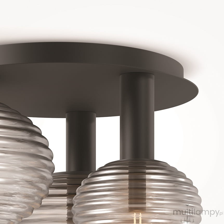 Lampa sufitowa Reels 3xE14 w kolorze czarnym, z okrągłą, matową podstawą i trzema szklanymi kloszami w formie zwojów. Klosze są przezroczyste, dekoracyjne, umieszczone na metalowych rurkach.