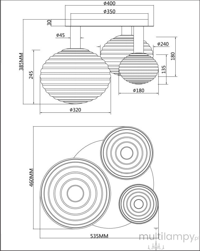 Lampa sufitowa Reels 3xE14 w kolorze czarnym, z trzema okrągłymi kloszami o różnych średnicach: 320 mm, 240 mm, i 180 mm. Ułożona w poziomie, z widocznymi detalami w postaci rowków. Wymiary całkowite: 535 mm x 460 mm.