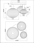 Lampa sufitowa Reels 3xE14 w kolorze czarnym, z trzema okrągłymi kloszami o różnych średnicach: 320 mm, 240 mm, i 180 mm. Ułożona w poziomie, z widocznymi detalami w postaci rowków. Wymiary całkowite: 535 mm x 460 mm.