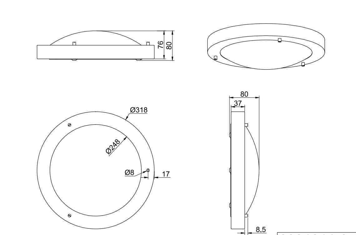Plafon Condus IP44 w kolorze chromowanym, okrągły, o średnicy 318 mm i wysokości 76 mm. Zmieszczony w pozycji poziomej, z widocznymi otworami montażowymi. Idealny do oświetlenia wnętrz w wilgotnych pomieszczeniach.