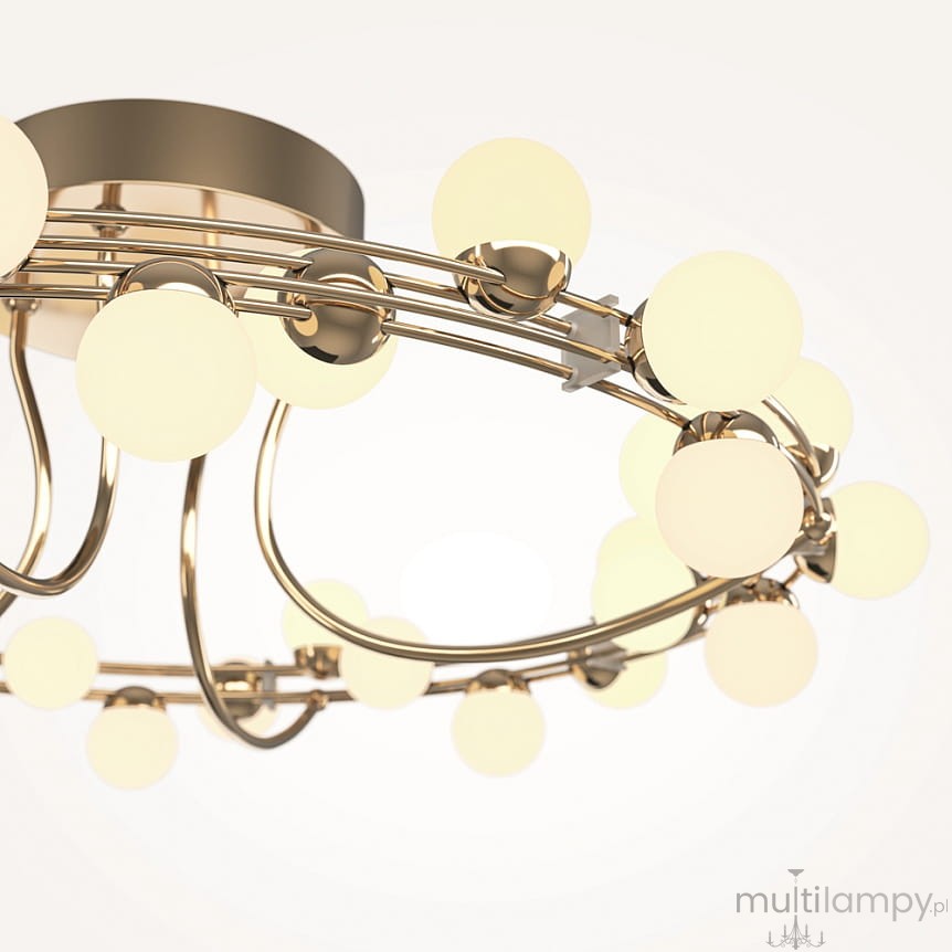 Lampa sufitowa LED Tessara o mocy 55W, w kolorze złotym, z okrągłymi kloszami w odcieniu białym. Ujęcie z góry, ukazujące elegancką konstrukcję i rozmieszczenie źródeł światła na metalowej ramie.