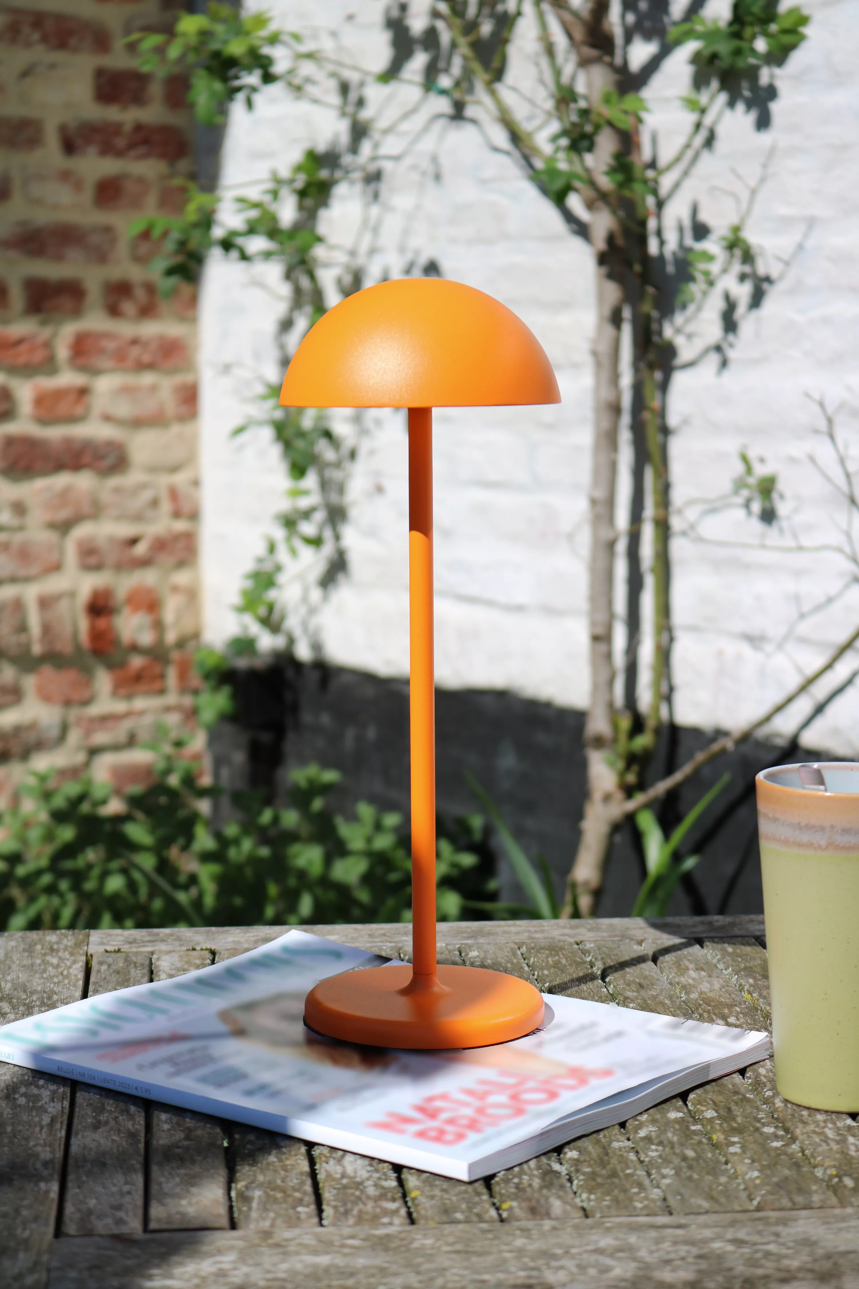 Pomarańczowa lampa stołowa Joy LED, o zaokrąglonym kloszu i smukłym stelażu, stoi na drewnianym stole obok magazynu i filiżanki. W tle widoczna jest zieleń roślin oraz ceglana ściana, co tworzy przyjemny, zewnętrzny kontekst.