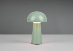 Pistacjowa lampa stołowa LED Lennon o kształcie grzyba, z zaokrągloną głowicą i stożkowatym trzonem. Ujęcie frontalne na jasnym tle, z widocznym ciepłym światłem emitowanym z wnętrza lampy.