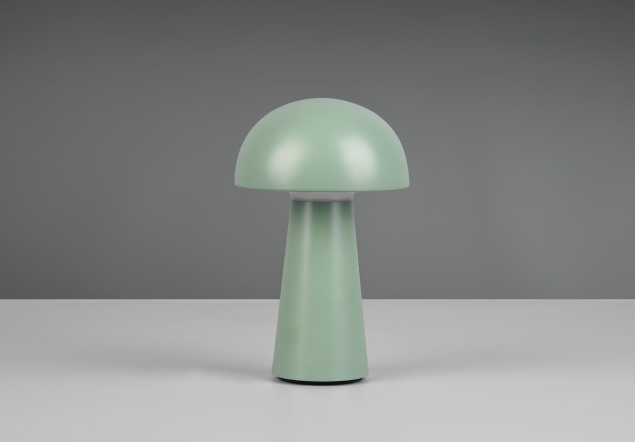 Pistacjowa lampa stołowa LED Lennon z zaokrąglonym kloszem i stożkowatą podstawą, stojąca na białym tle. Wykończenie matowe, nowoczesny design, idealna do ogrodu lub na stół.