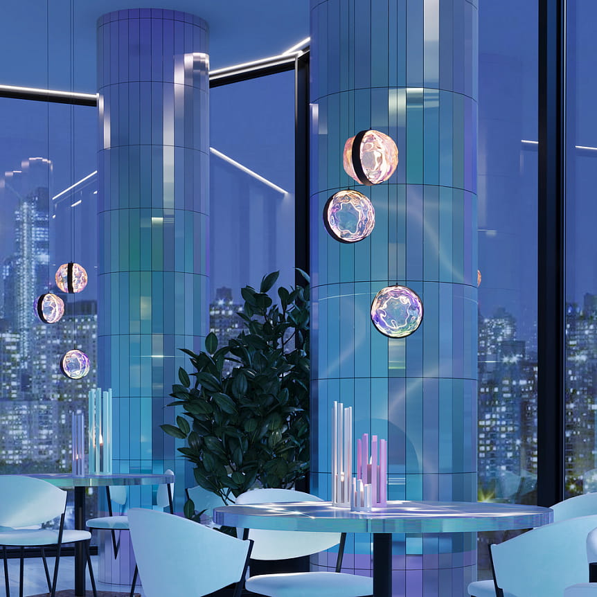 Kinkiet LED Misterio w kolorze czarnym, moc 6W, barwa światła 2700K. Produkt umieszczony na ścianie, z nowoczesnym designem, w otoczeniu eleganckiego wnętrza z szklanymi elementami i roślinnością.