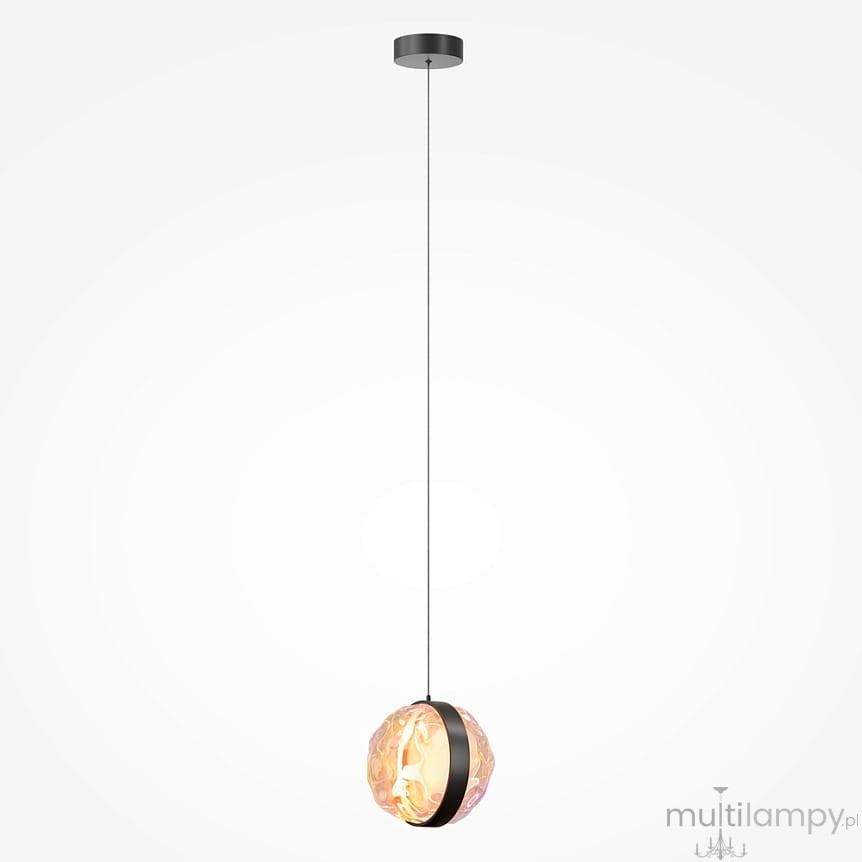 Lampa wisząca LED Misterio o mocy 6W, kolor czarny, z półkulistym kloszem w odcieniach złota i różu. Zawieszona na cienkim przewodzie, idealna do nowoczesnych wnętrz. Żarówka emitująca światło o temperaturze 2700K.