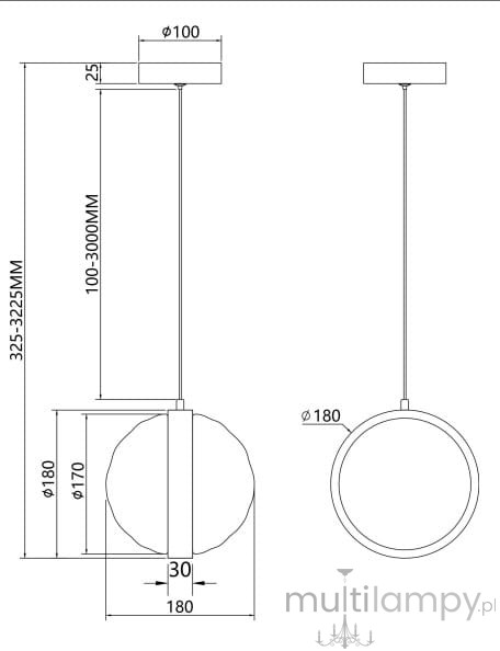 Lampa wisząca LED Misterio, czarna, o średnicy 180 mm i wysokości regulowanej od 325 do 325 mm. Posiada okrągły kształt oraz moc 6W przy temperaturze barwowej 2700K. Wisi na cienkim przewodzie, zamontowana do sufitu.
