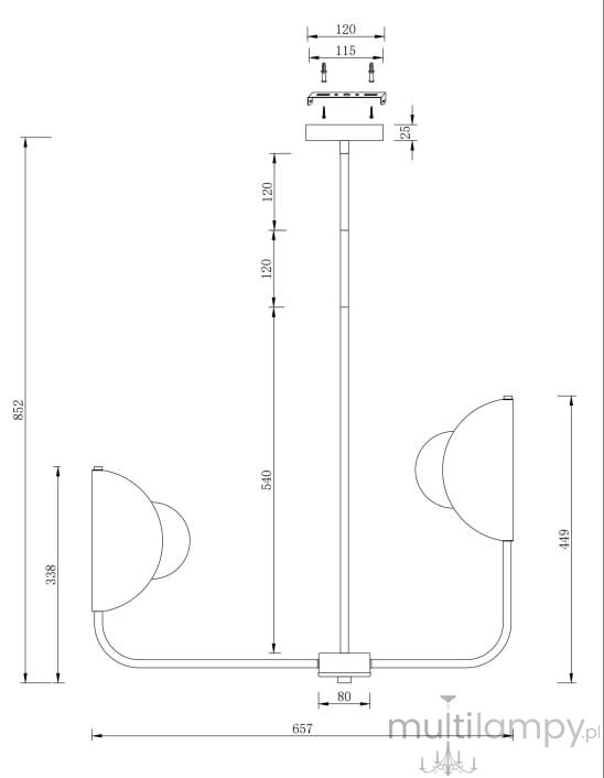 Lampa wisząca Tropic 6xG9 w kolorze mosiądzu, z dwoma okrągłymi kloszami. Produkt w pozycji wiszącej, z prostą konstrukcją. Wymiary: wysokość 852 mm, szerokość 657 mm, odległość między kloszami 540 mm. Idealna do nowoczesnych wnętrz.