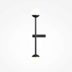 Kinkiet LED w kolorze czarnym, z dwoma okrągłymi kloszami w białym kolorze. Produkt ma prostą, minimalistyczną formę z poziomą belką i przyciskiem włącznika na uchwycie. Oświetlenie o mocy 13W i temperaturze barwowej 3000K, montowane na ścianie.