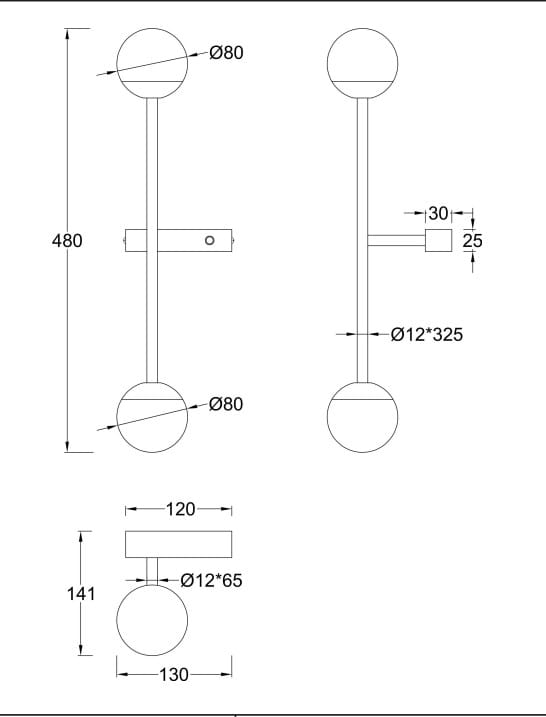Kinkiet LED w kolorze czarnym, moc 13W, temperatura barwowa 3000K. Owalne klosze o średnicy 80 mm, metalowy stelaż z wymiarami 480 mm wysokości i 120 mm szerokości. Uchwyt montażowy o wymiarach 12x65 mm. Prostokątny element mocujący.