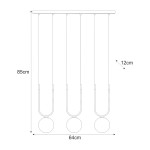 Lampa wisząca Goldi 3xG9 w kolorze czarnym z bursztynowymi kloszami. Wymiary: wysokość 85 cm, szerokość 64 cm, głębokość 12 cm. Produkt zawieszony na cienkich linkach, z okrągłymi kloszami, idealny do nowoczesnych wnętrz.