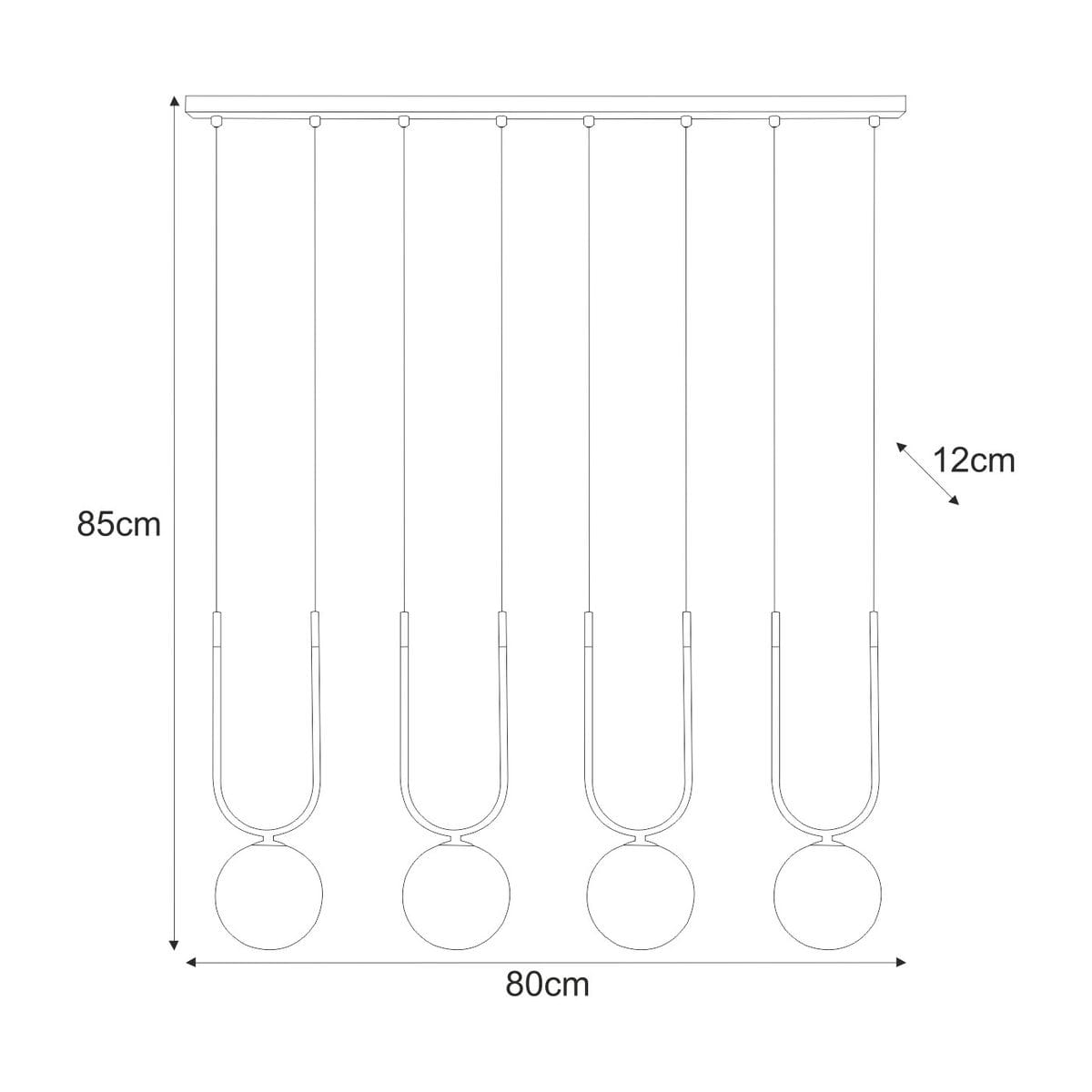 Lampa wisząca Goldi 4xG9 w kolorze czarnym z bursztynowymi kloszami. Ujęcie frontalne, wisi na czterech cienkich linkach. Wymiary: wysokość 85 cm, szerokość 80 cm, głębokość 12 cm. Prosta forma, okrągłe klosze.