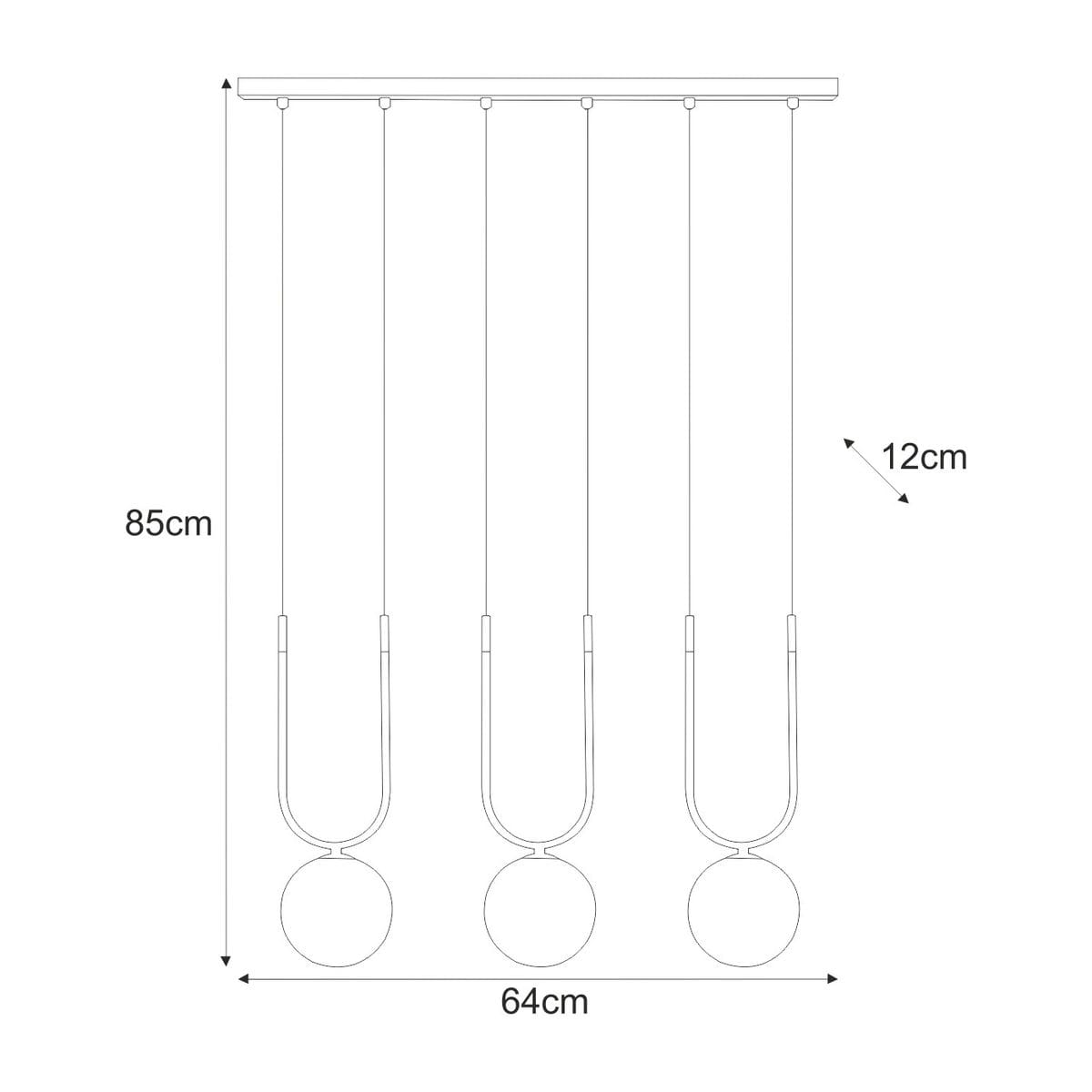 Lampa wisząca Enzo z trzema źródłami światła G9 w kolorze czarnym i białym. Produkt o wymiarach 85 cm wysokości i 64 cm szerokości, zawieszony na cienkich linkach, z okrągłymi kloszami. Minimalistyczny design, idealny do nowoczesnych wnętrz.