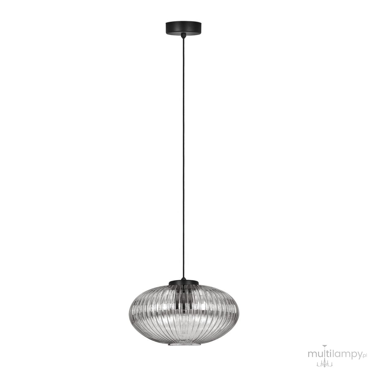 Lampa wisząca Arco z pojedynczym źródłem światła E27, w kolorze czarnym i grafitowym. Okrągła, teksturowana klosz z przezroczystego szkła, zawieszona na czarnym przewodzie, z prostym, okrągłym mocowaniem sufitowym.