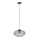 Lampa wisząca Arco z pojedynczym źródłem światła E27, w kolorze czarnym i grafitowym. Okrągła, teksturowana klosz z przezroczystego szkła, zawieszona na czarnym przewodzie, z prostym, okrągłym mocowaniem sufitowym.