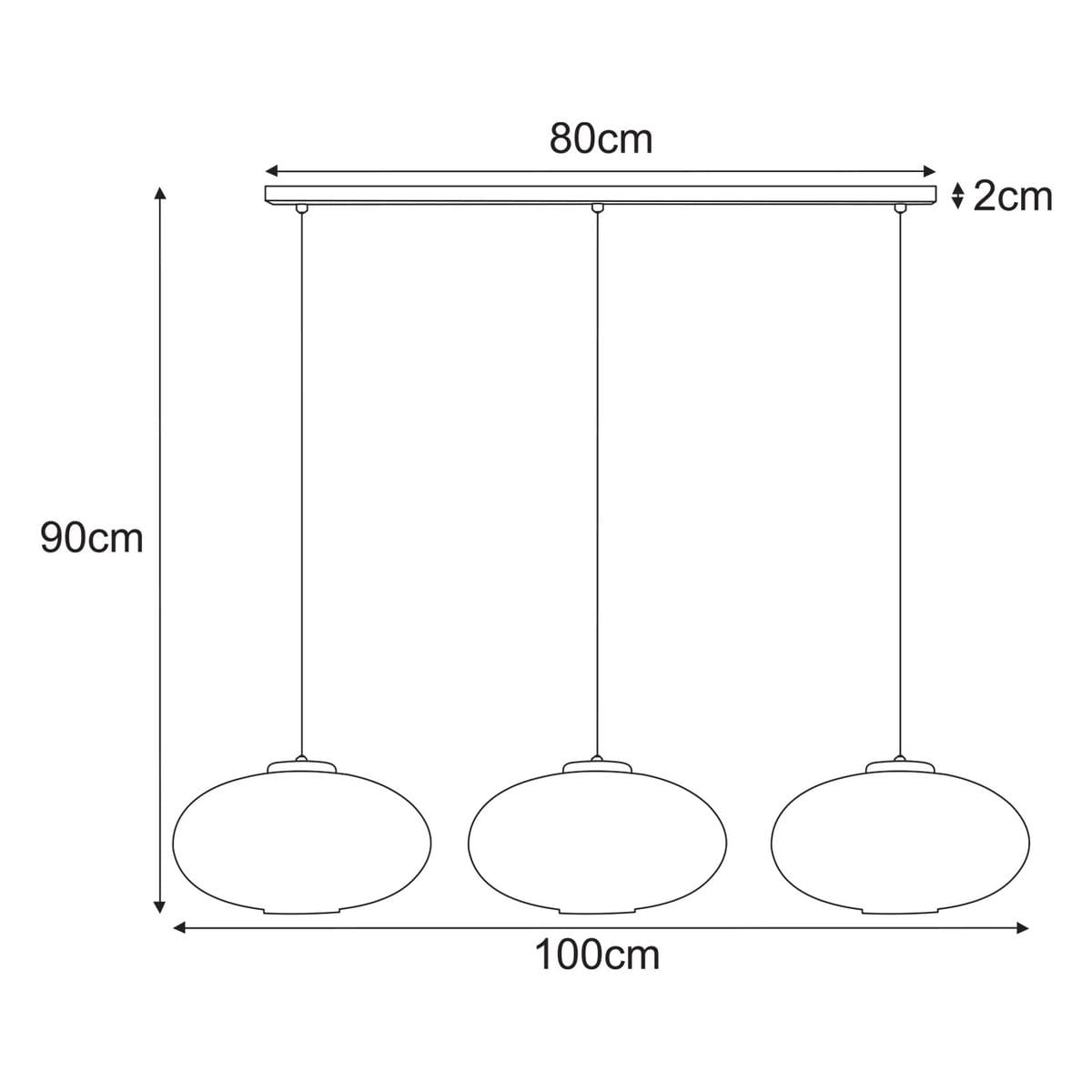 Lampa wisząca Arco 3xE27 w kolorze czarnym i grafitowym. Produkt ma wymiary 80 cm x 90 cm, z trzema okrągłymi kloszami zawieszonymi na cienkich linkach, umieszczonymi na prostokątnej podstawie.
