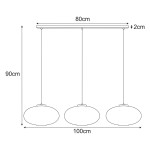 Lampa wisząca Arco 3xE27 w kolorze czarnym i grafitowym. Produkt ma wymiary 80 cm x 90 cm, z trzema okrągłymi kloszami zawieszonymi na cienkich linkach, umieszczonymi na prostokątnej podstawie.