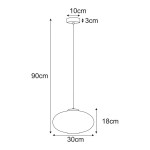 Lampa wisząca Drop 1xE27 w kolorze czarnym z bursztynowym kloszem, o wymiarach 90 cm wysokości, 30 cm średnicy i 18 cm wysokości klosza. Zawieszona na cienkim przewodzie, minimalistyczny design.