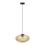 Lampa wisząca Drop z oprawą w kolorze czarnym i bursztynowym kloszem, o okrągłym kształcie z żłobieniami. Zawieszona na cienkim, czarnym przewodzie. Idealna do nowoczesnych wnętrz.