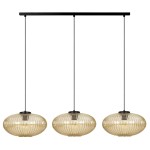 Lampa wisząca Drop z trzema kloszami E27, w kolorze czarnym i bursztynowym. Klosze mają okrągły kształt z pionowymi żłobieniami, zawieszone na cienkich linkach. Utrzymana w nowoczesnym stylu, idealna do aranżacji wnętrz.