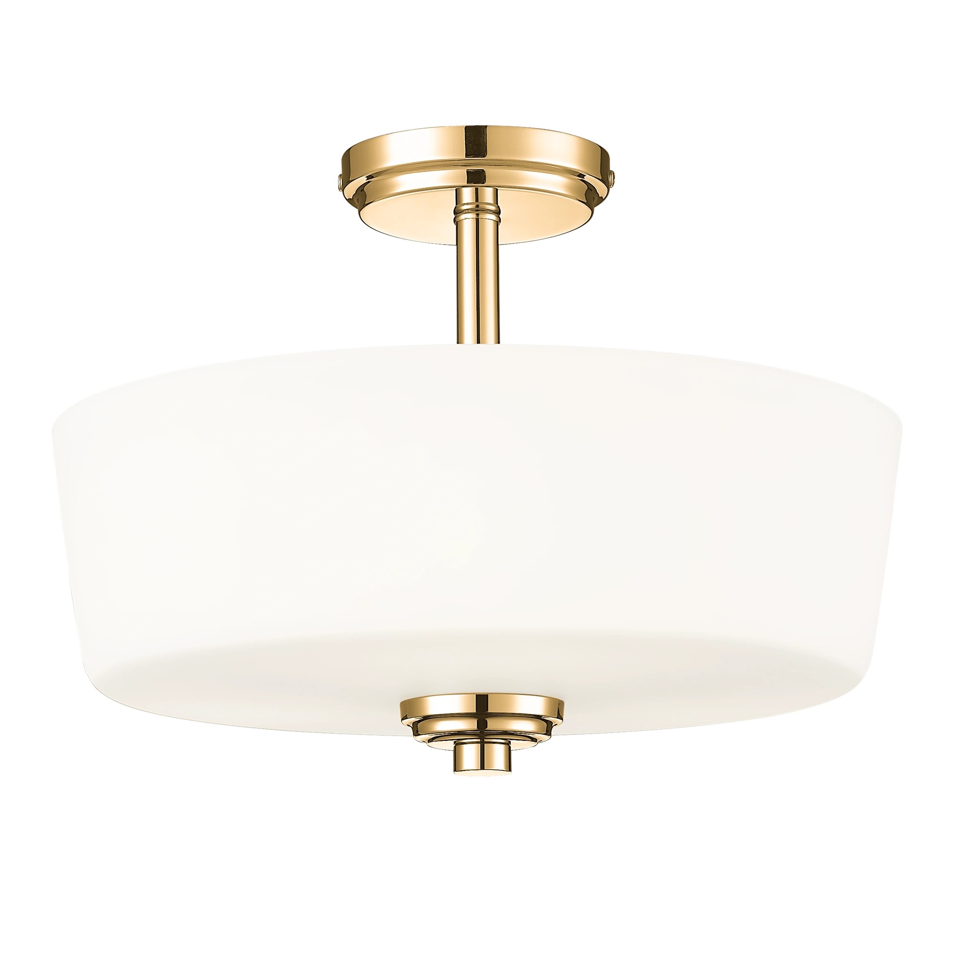 Lampa sufitowa Aspen z trzema gniazdami E27 w kolorze złotym i białym. Okrągły, matowy klosz z białego szkła, zawieszony na złotej podstawie, z delikatnym wykończeniem. Ujęcie z boku, pokazujące detale konstrukcji.