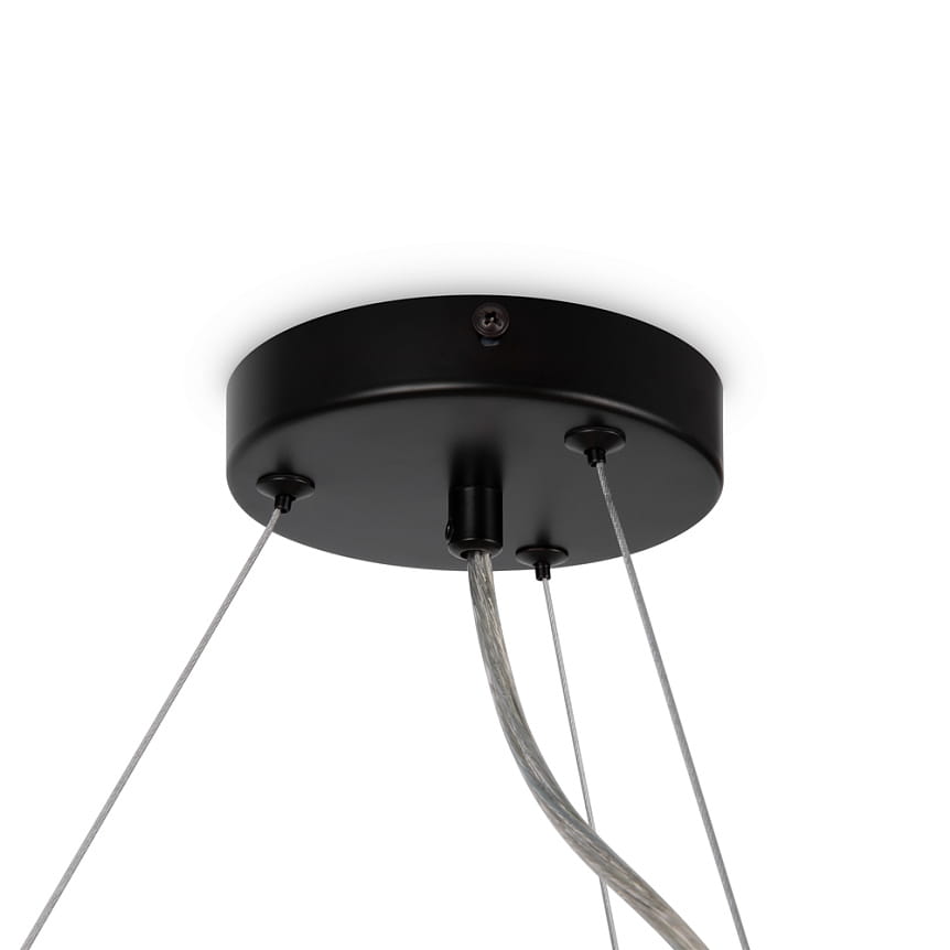 Czarna lampa wisząca Dallas z 25 miejscami na żarówki G9, z metalowym, okrągłym mocowaniem sufitowym. Widoczne przezroczyste przewody zawieszenia. Lampa ma nowoczesny, minimalistyczny design, idealna do różnych wnętrz.