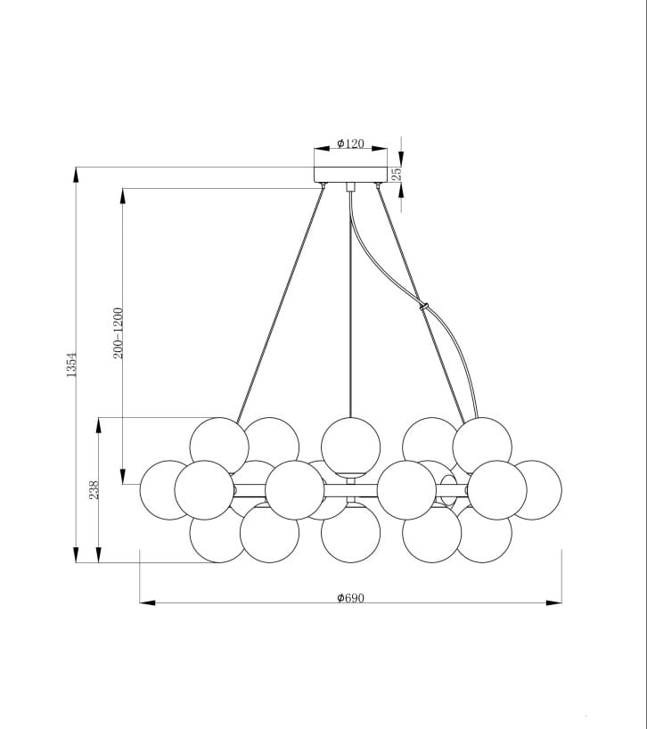 Lampa wisząca Dallas z 25 źródłami G9 w kolorze czarnym i przydymionym, o wymiarach 690 mm średnicy i 1354 mm wysokości. Posiada okrągły klosz i nowoczesny design, zawieszona na trzech kablach.