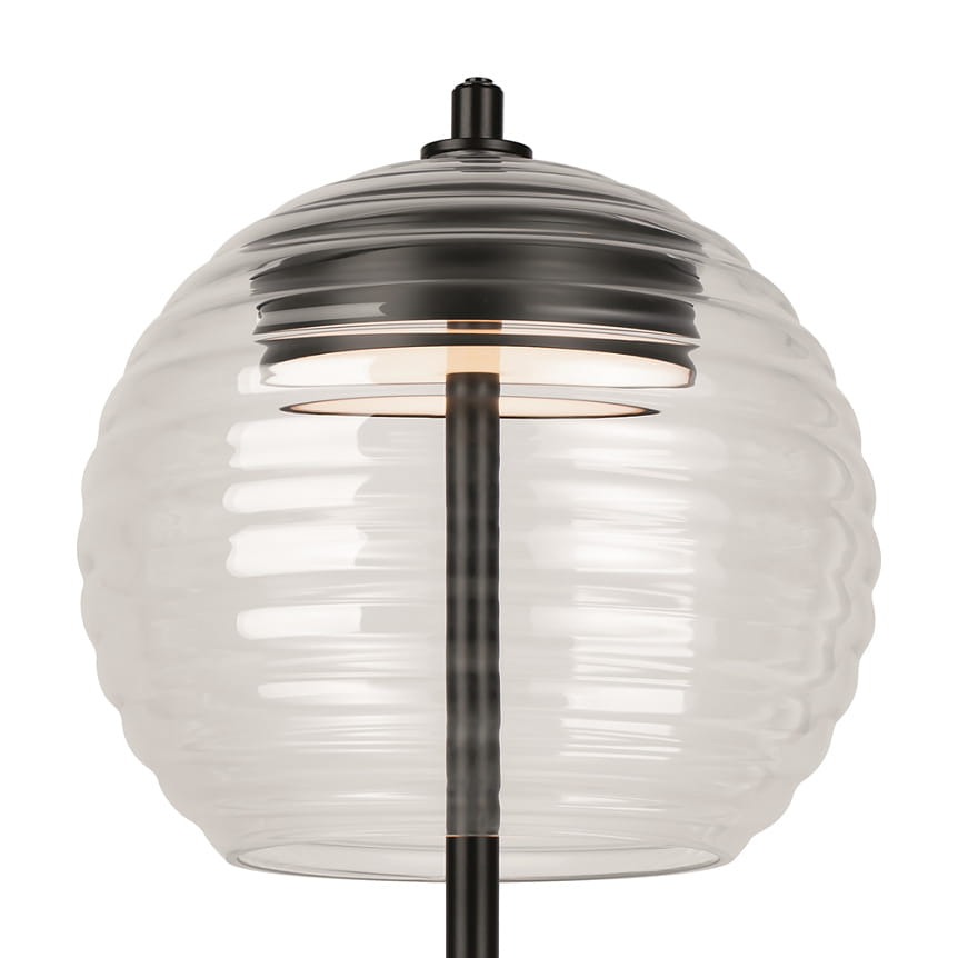 Lampa stołowa LED Mystic o mocy 8W, kolor czarny, z okrągłym kloszem z przezroczystego szkła w falisty wzór. Ujęcie frontalne, widoczna czarna podstawa i elementy metalowe. Temperatura barwowa 3000K.