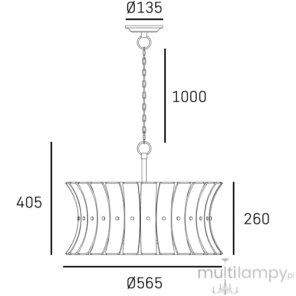 Mosiężna lampa wisząca Lancaster z 4 miejscami na żarówki E14. Okrągły klosz o średnicy 565 mm, wysokości 405 mm, zawieszony na 1000 mm łańcuchu. Klasyczny design z dekoracyjnymi falami.