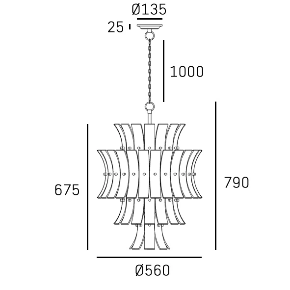 Mosiężna lampa wisząca Lancaster z 13 miejscami na żarówki E14. Konstrukcja o średnicy 560 mm i wysokości 790 mm, zawieszona na 1000 mm łańcuchu. Stylowy design z falistymi elementami i wyraźnymi detalami.