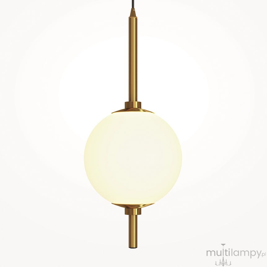Lampa wisząca LED The Sixth Sense o mocy 7W i barwie światła 3000K, w kolorze mosiądzu. Okrągły klosz w jasnym odcieniu, zawieszony na metalowym, prostokątnym stelażu. Ujęcie frontalne na białym tle.