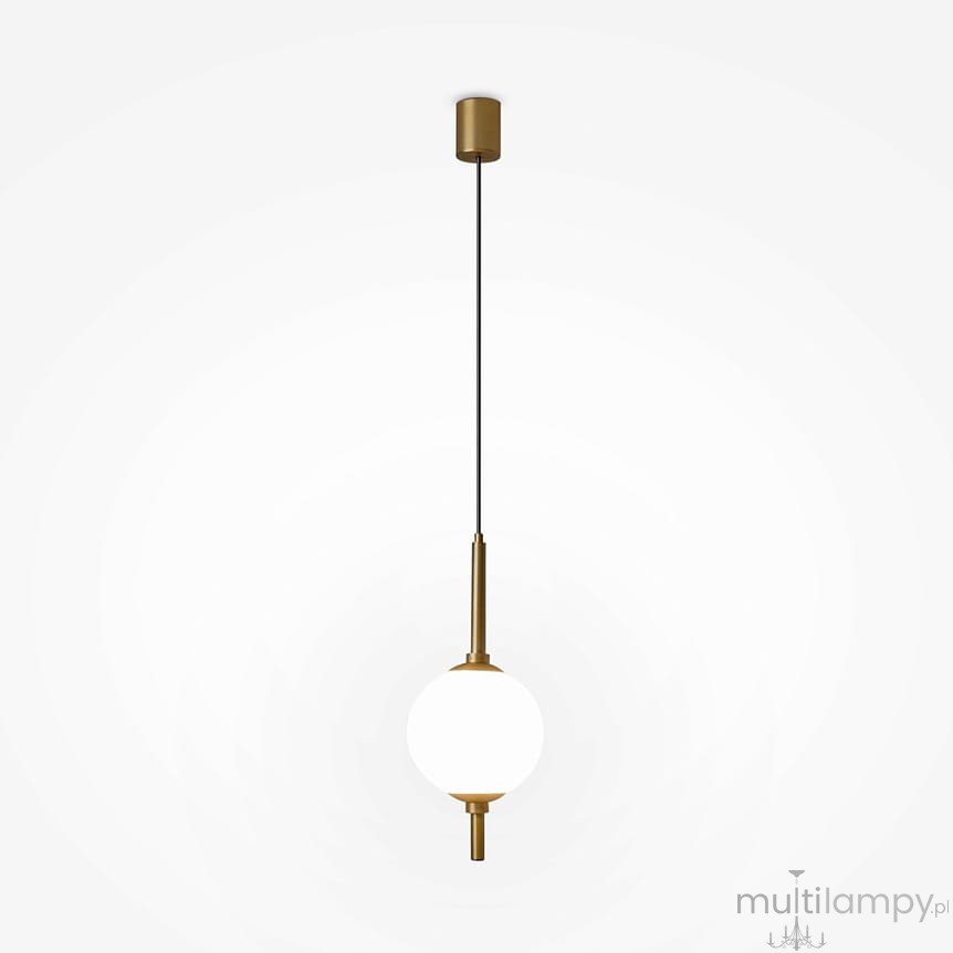 Lampa wisząca LED The Sixth Sense o mocy 7W i temperaturze barwowej 3000K, z mosiężnym wykończeniem. Okrągła, biała oprawa zawieszona na cienkim, czarnym przewodzie, z mosiężnym elementem montażowym u góry.