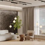 Lampa wisząca LED The Sixth Sense o mocy 7W, kolor czarny, zawieszona w nowoczesnym wnętrzu. Posiada trzy okrągłe, białe klosze, które emitują ciepłe światło (3000K). W tle widoczne są szare zasłony oraz roślina.