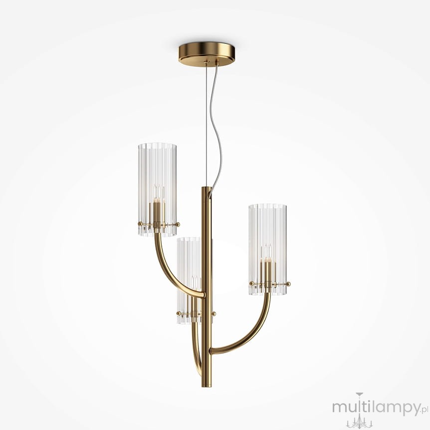 Lampa wisząca Arco z mosiądzu, z trzema kloszami z przezroczystego szkła, umieszczona na centralnym słupku. Klosze mają cylindryczny kształt, a całość zawieszona jest na cienkim przewodzie. Prosta, elegancka forma, idealna do nowoczesnych wnętrz.