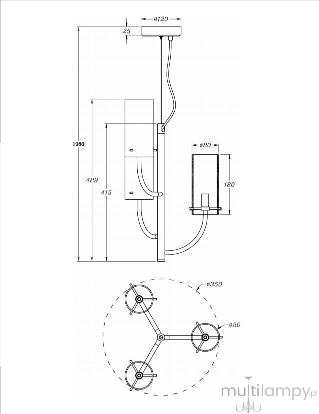 Lampa wisząca Arco, mosiężna, z trzema oprawami G9. Kształt geometryczny, z centralnym elementem i trzema ramionami. Wysokość 198 cm, średnica kloszy 8 cm, szerokość 120 cm. Prosta konstrukcja, idealna do nowoczesnych wnętrz.