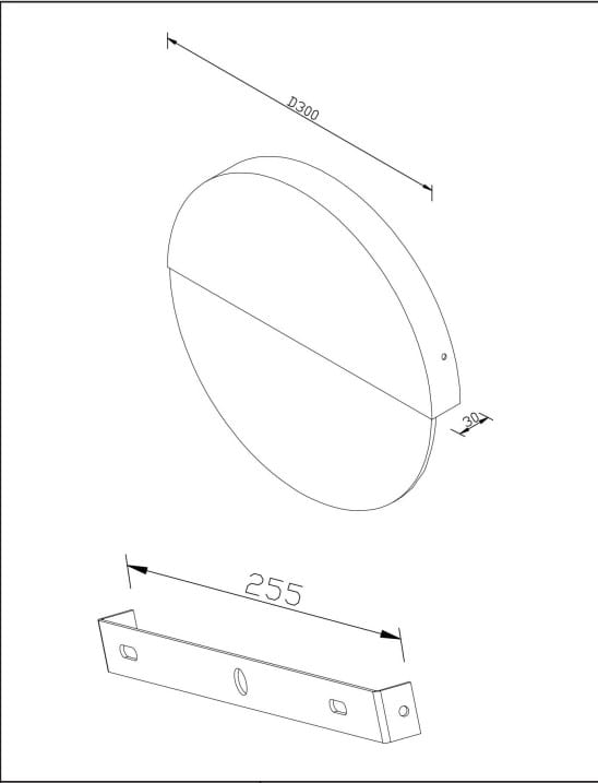 Złota lampa ścienna Jupiter D30 o średnicy 300 mm i wysokości 30 mm, z wbudowanym źródłem LED 6W, emitująca ciepłe światło o temperaturze 3000K. Widok z boku na okrągły kształt i mocowanie.